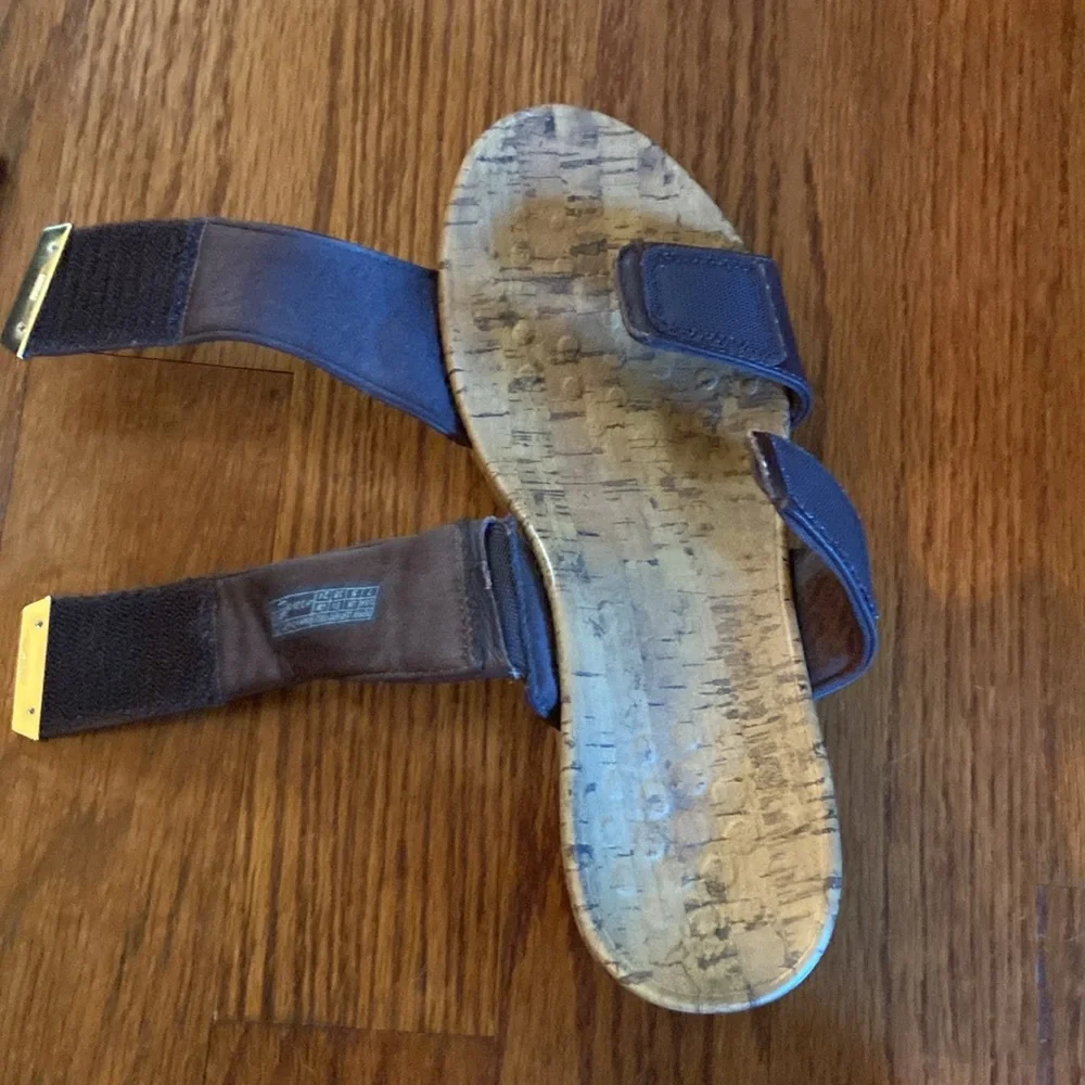 Vionic Dark Brown Leather Double-Strap Cork Wedges with Gold Accent
